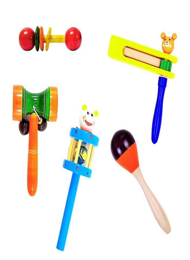 Little Mind Wooden Baby Rattle Toy - Hand Crafted Rattle Set for Kids - Musical Toy for Newly Born - Pack of 5 - Image 1